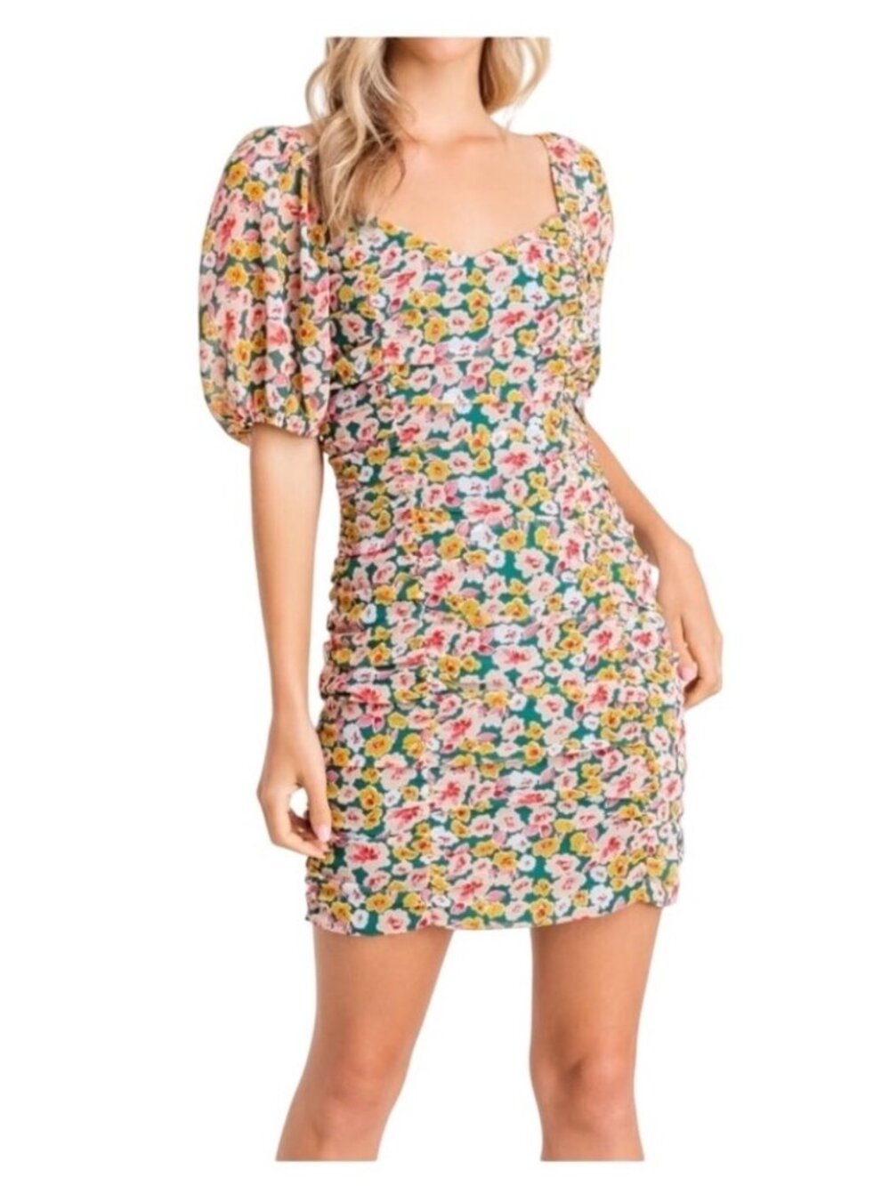 Lush Floral Mini Dress Green Pink Floral Ruched Bodycon Feminine Size M - Picture 1 of 10